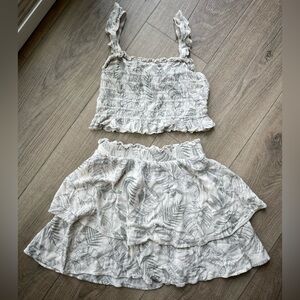 Paper Crane White Leaf Print Two-Piece Crop Top and Skirt Set